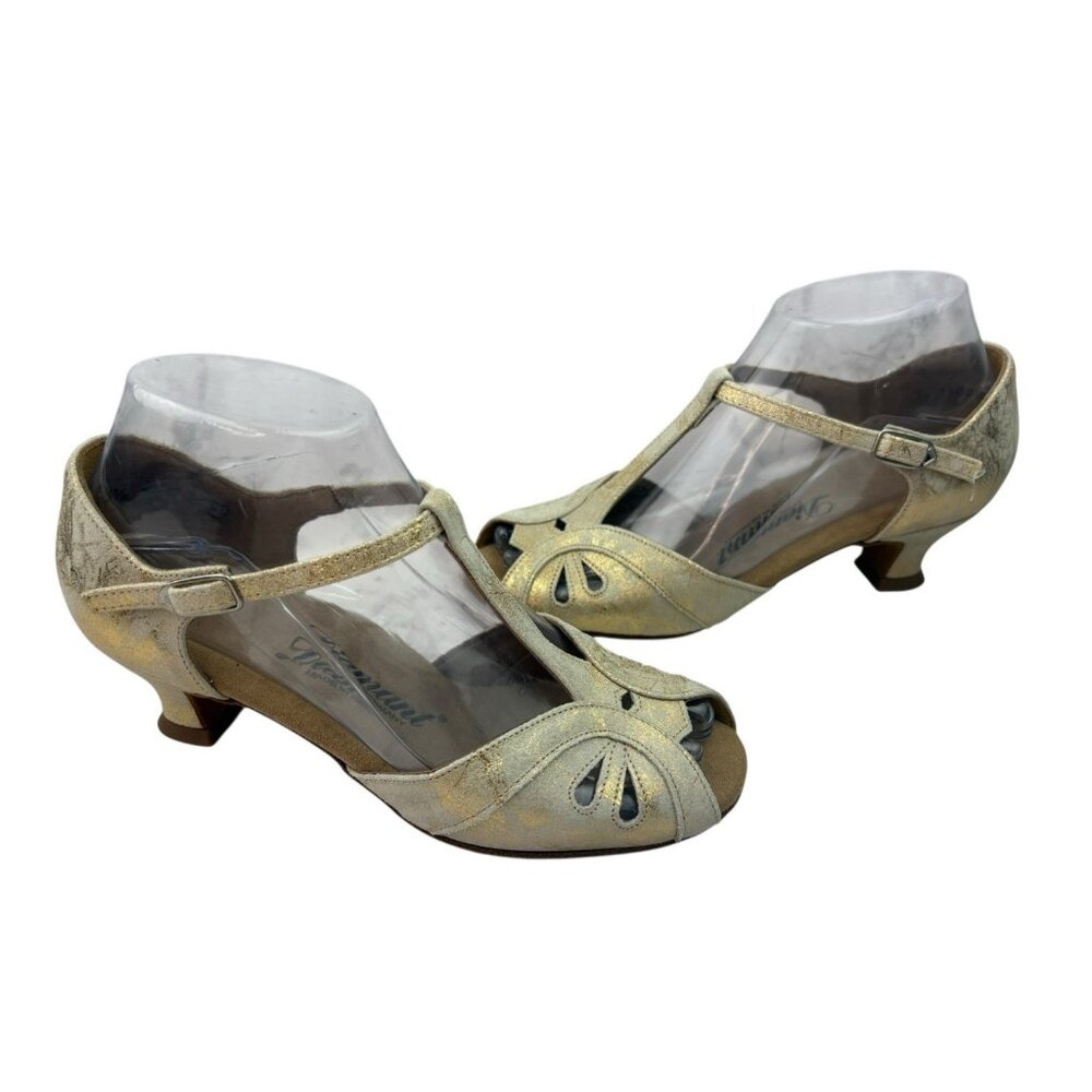 Diamant T-Strap Dance Shoes Girls Youth 3.5 Gold Metallic Leather Tango Salsa - Picture 4 of 16